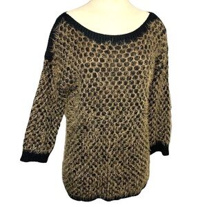 Marble Black Brown Knit Sweater Fuzzy Boat Neck Long Sleeves Slit Back Sz Medium